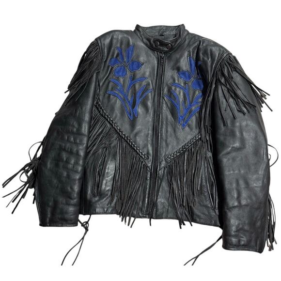 VTG Barneys Motorcycle Jacket Leather Fringe Blue Floral Womens Small Black 90s - Picture 11 of 11